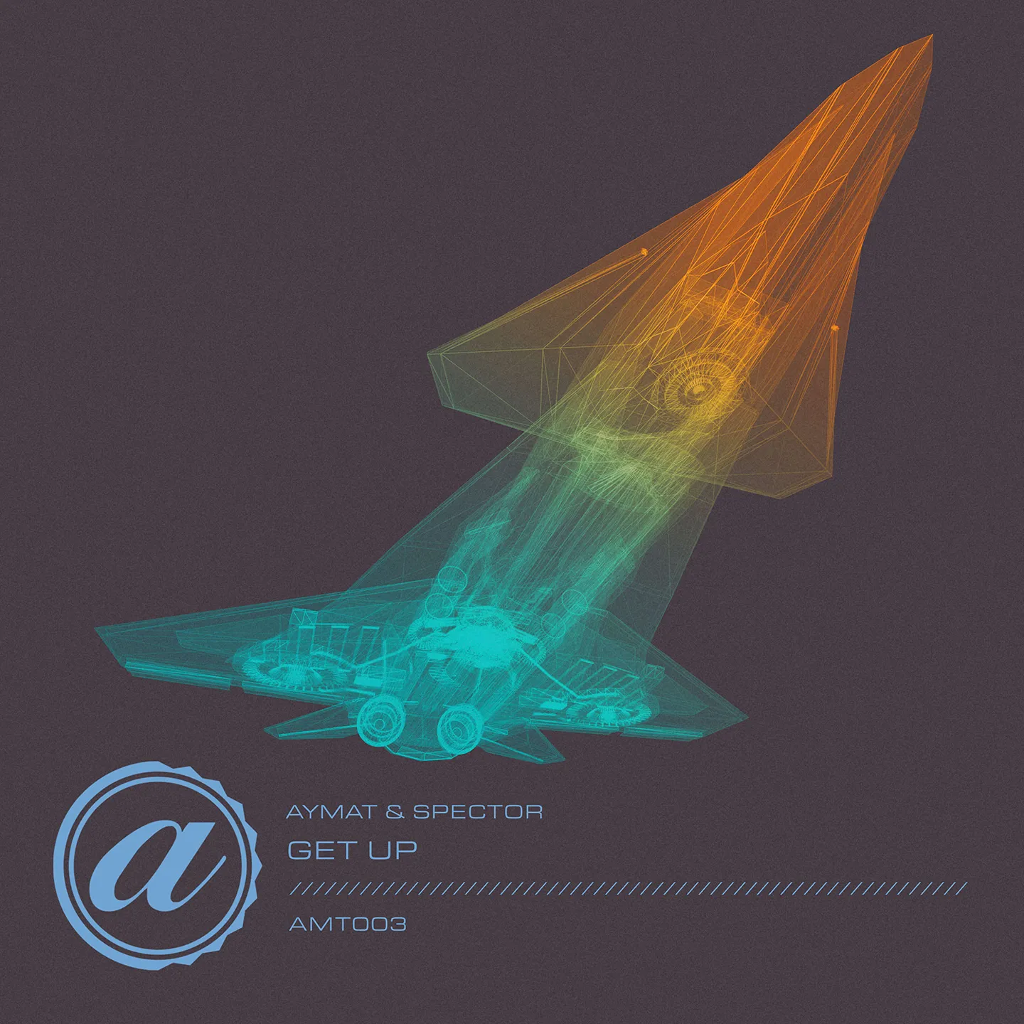 Digital album cover for the Aymat & Spector "Get Up" single track release, showing text and a stylized logo over a stylized wireframe of a futuristic plane with blue and orange hues on a dark background.