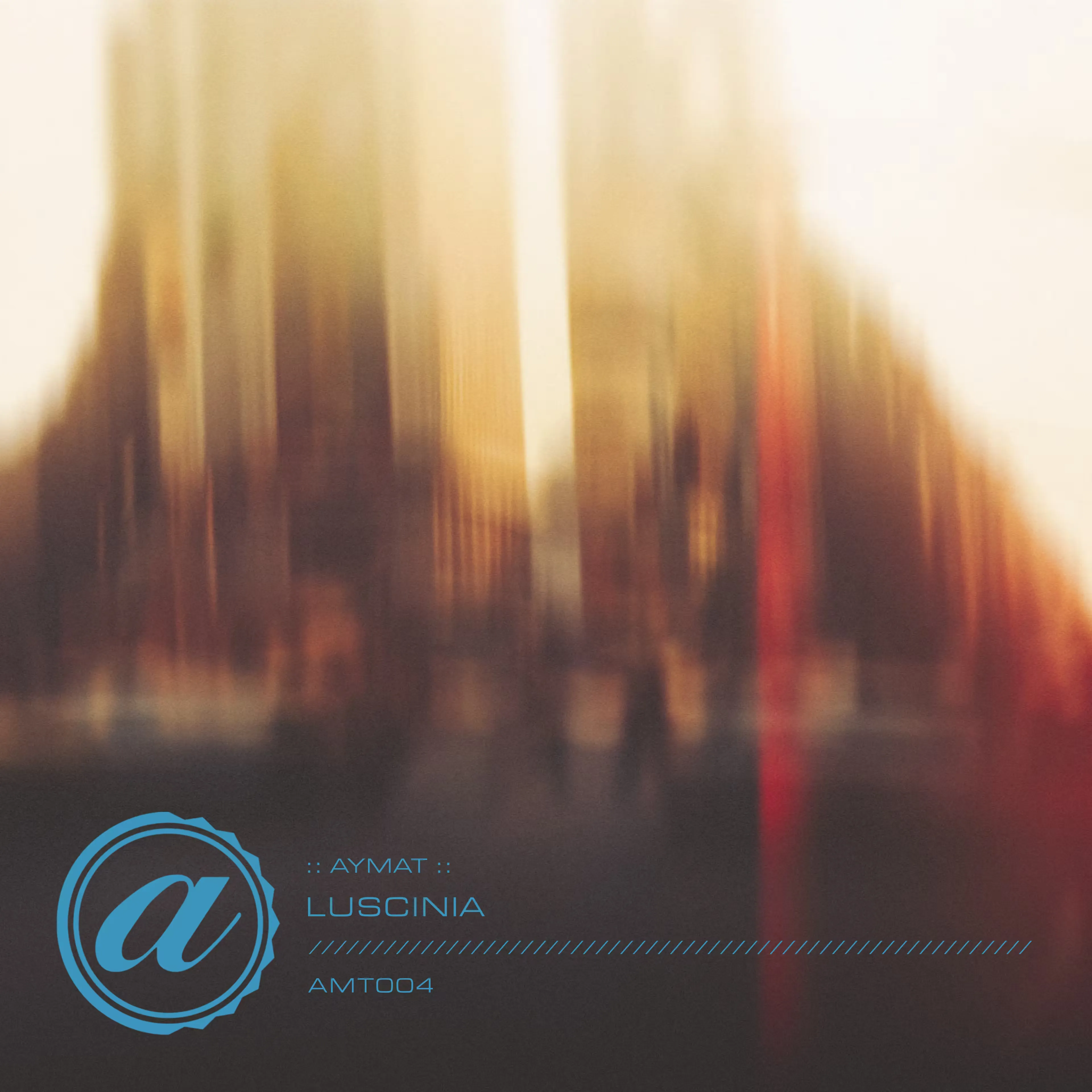 Digital album cover for the Aymat "Luscinia" single track release, showing text and a stylized logo over a blurred image of a cityscape at sunset, with warm tones and vertical light streaks.