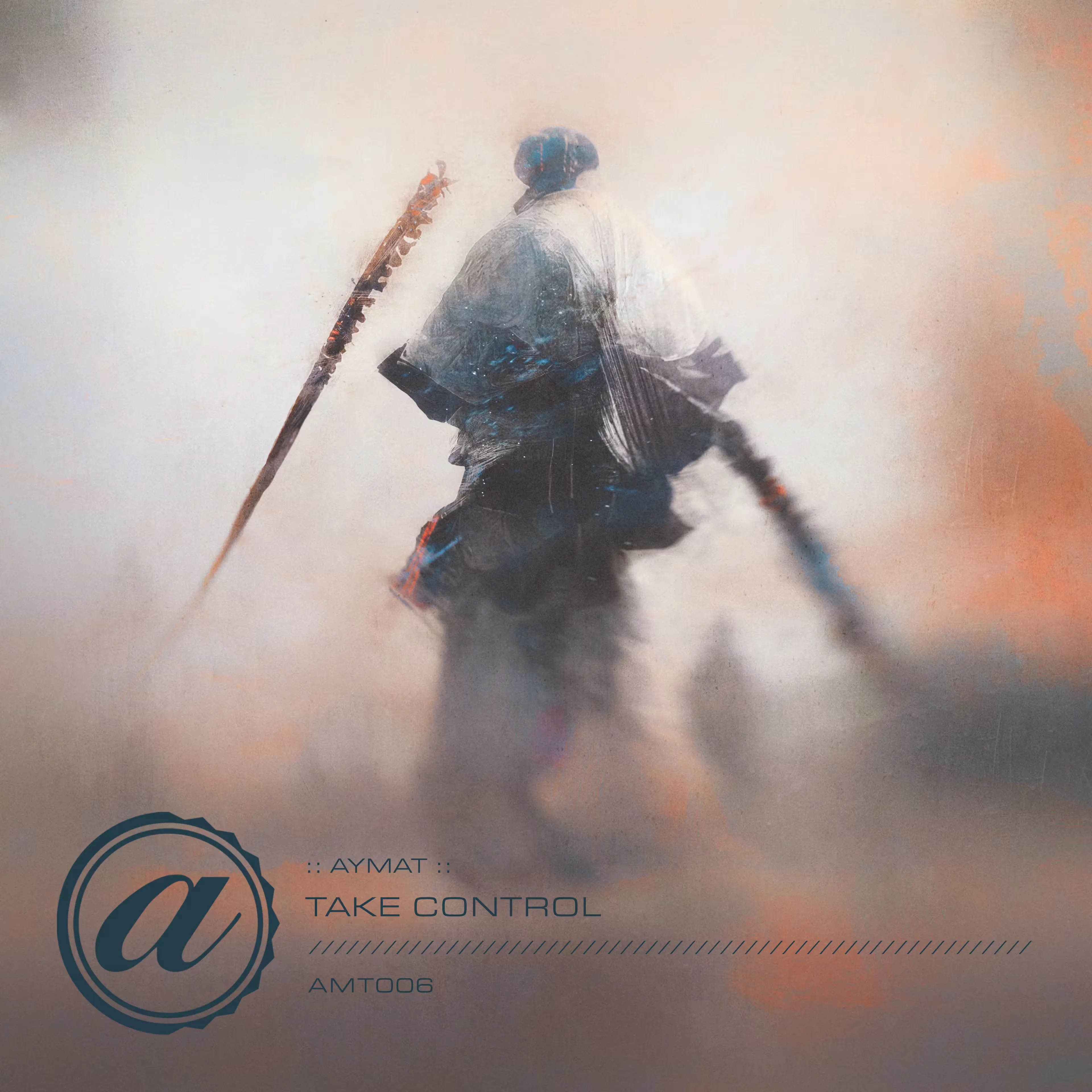 Digital album cover for the Aymat "Take Control" single track release, showing text and a stylized logo over a silhouette of a warrior holding a spear, cloaked in misty, ethereal colors. The mood is mysterious and tranquil, with a blend of soft oranges and blues.