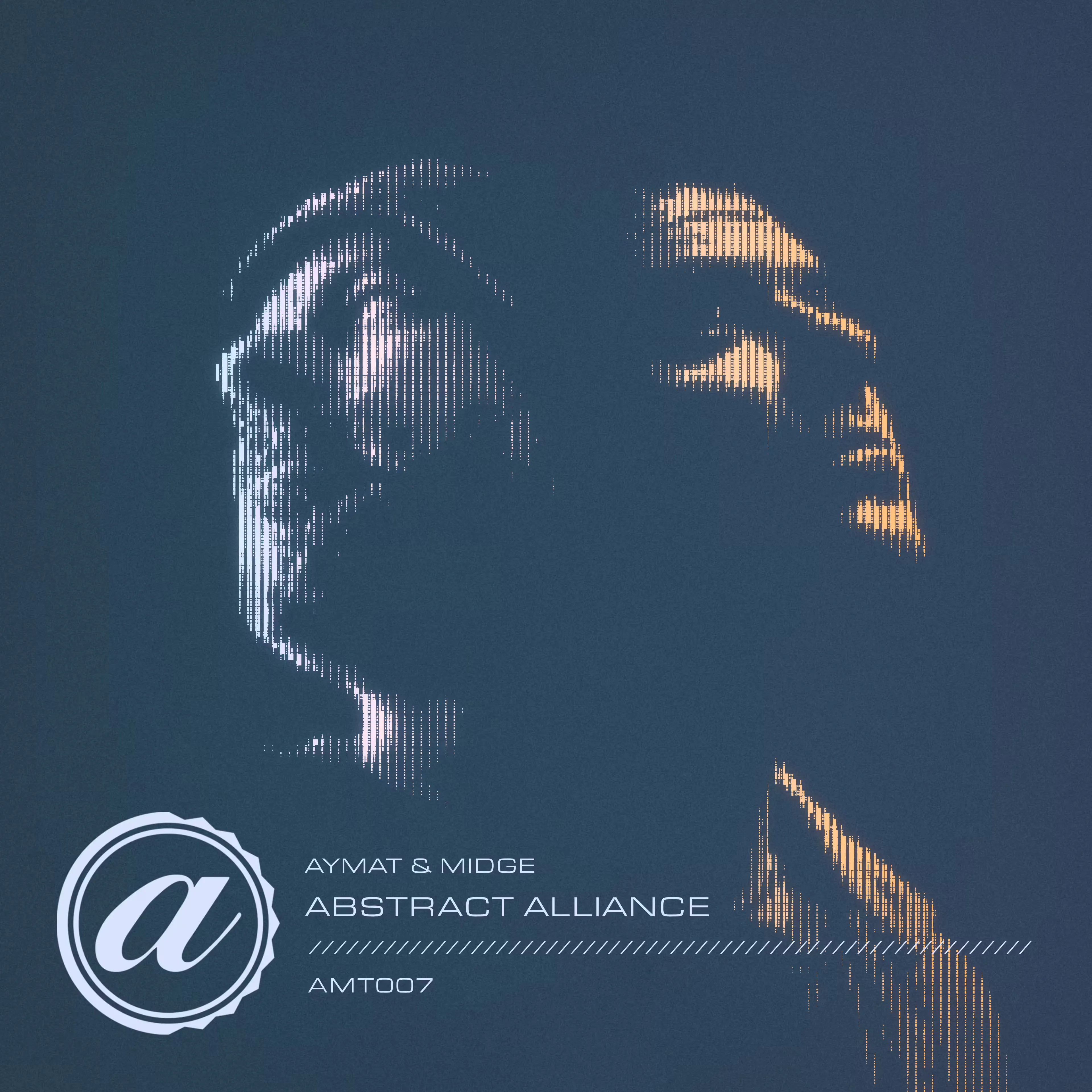 Digital album cover for the Aymat & Midge "Abstract Alliance" single track release, showing text and a stylized logo over an abstract digital artwork of two figures’ profiles, facing opposite directions. Mood is enigmatic.