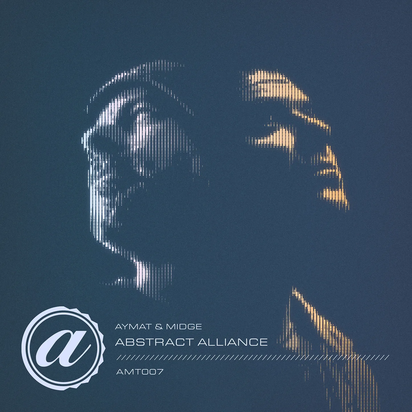 Digital album cover for the Aymat & Midge "Abstract Alliance" single track release, showing text and a stylized logo over an abstract digital artwork of two figures’ profiles, facing opposite directions. Mood is enigmatic.