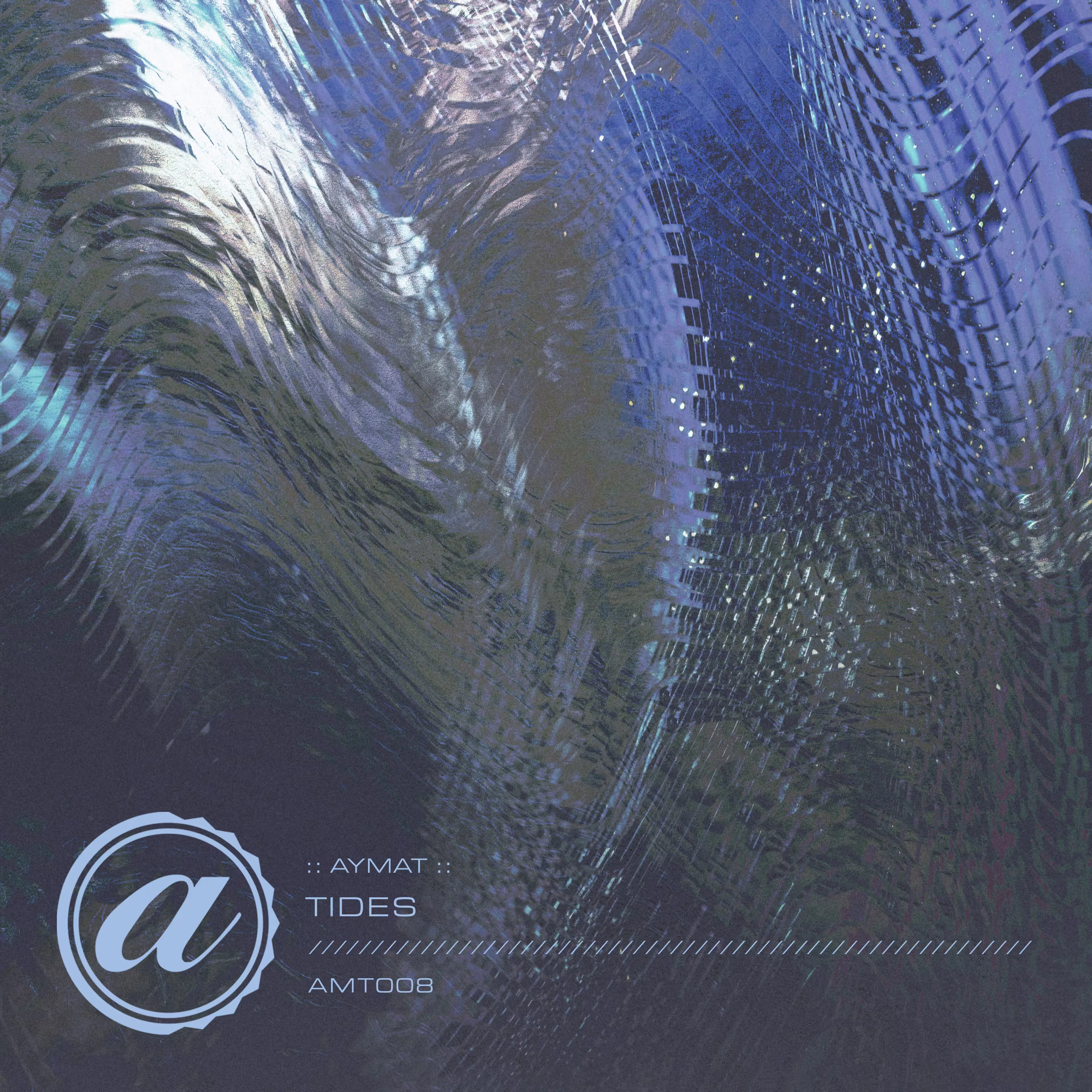 Digital album cover for the Aymat "Tides" single track release, showing text and a stylized logo over rippling waves in blue and white shades, creating a calming, fluid illusion. This album cover is dedicated to the memory of Igor Tkac.