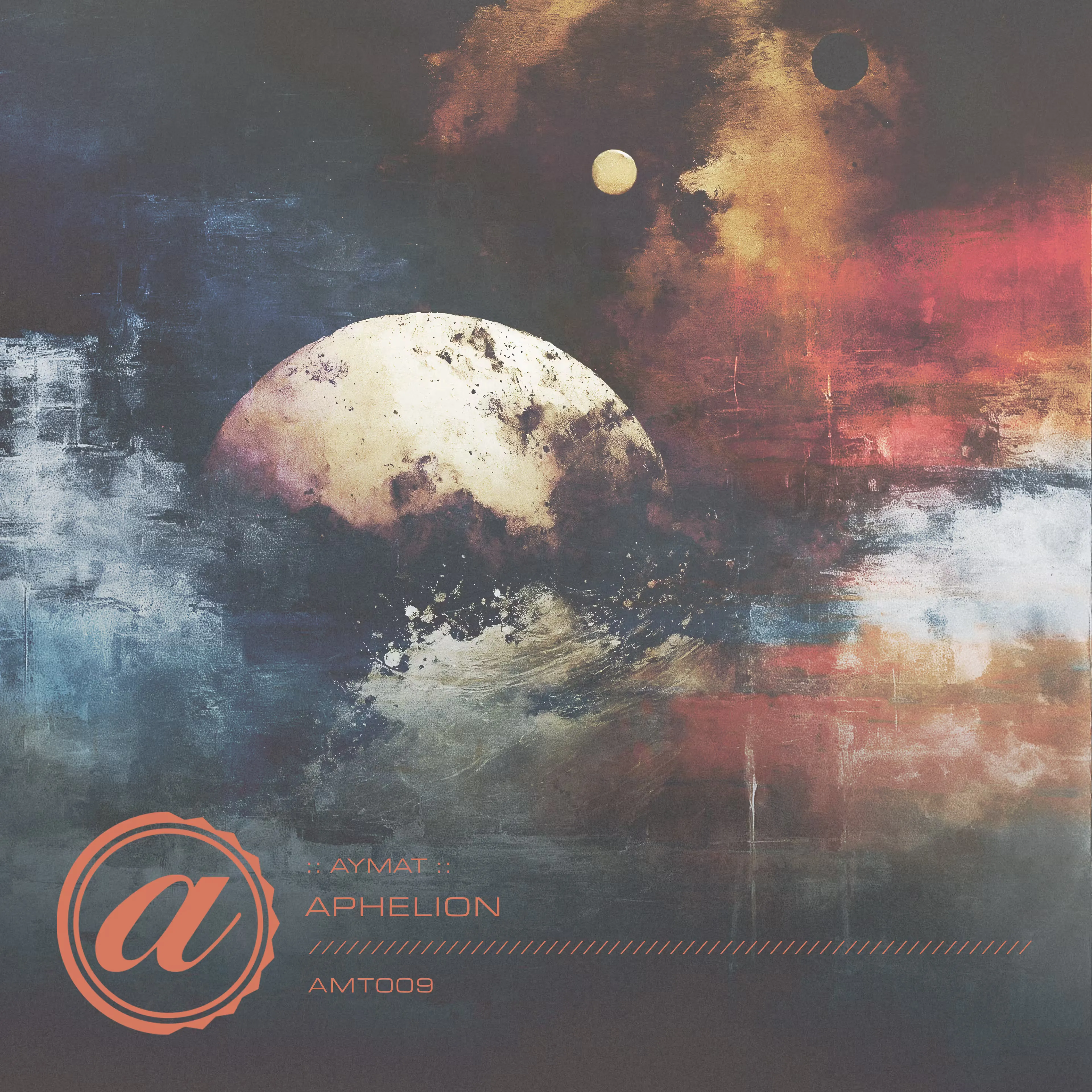 Digital album cover for the Aymat "Aphelion" single track release, showing text and a stylized logo over a surreal space scene with planets against a textured backdrop of blue, red, and gold.