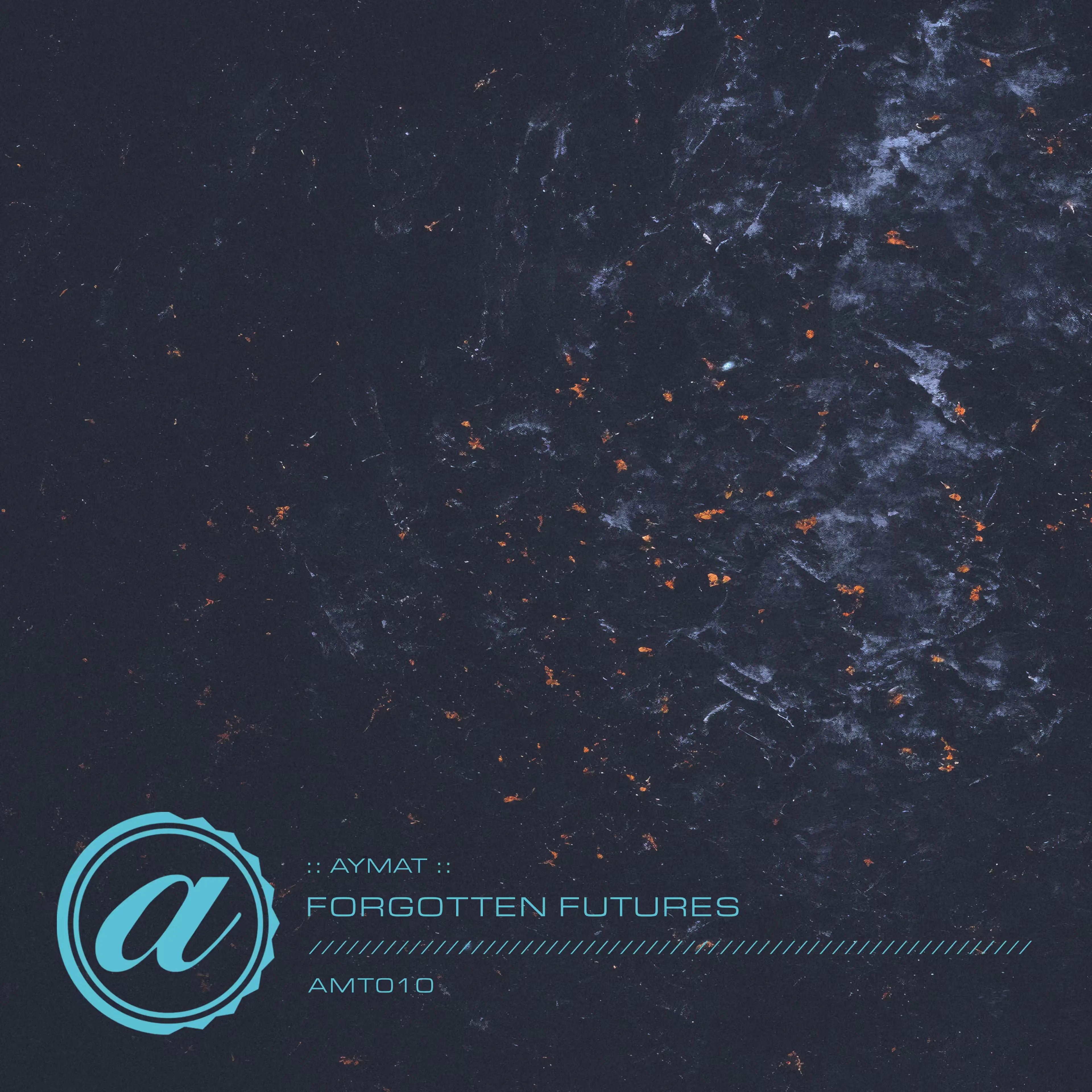 Digital album cover for the Aymat "Forgotten Futures" single track release, showing text and a stylized logo over a dark, textured background with orange speckles and hints of blue.