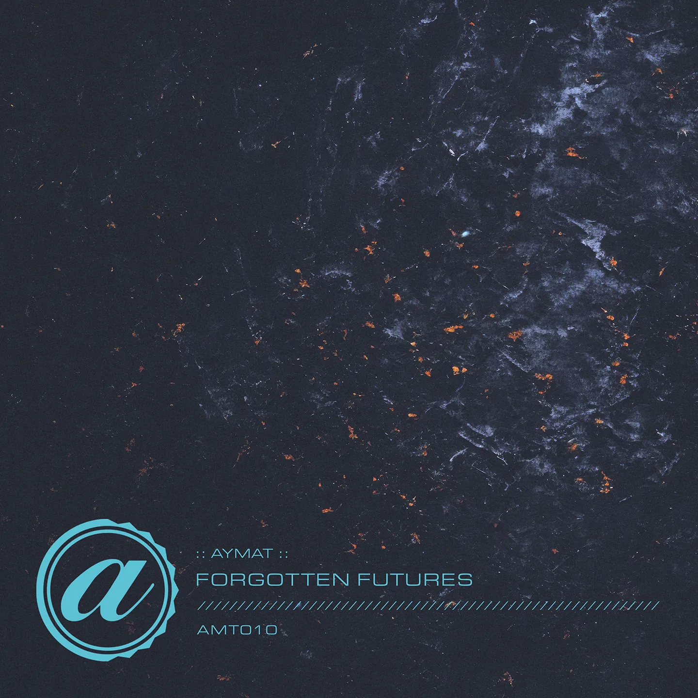 Digital album cover for the Aymat "Forgotten Futures" single track release, showing text and a stylized logo over a dark, textured background with orange speckles and hints of blue.