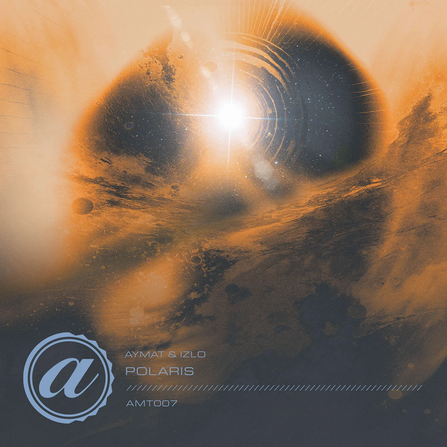 Digital album cover for the Aymat & Izlo "Polaris" single track release, showing text and a stylized logo over abstract artwork featuring a cosmic scene with a radiant star. Swirling patterns in orange and blue create a sense of motion.
