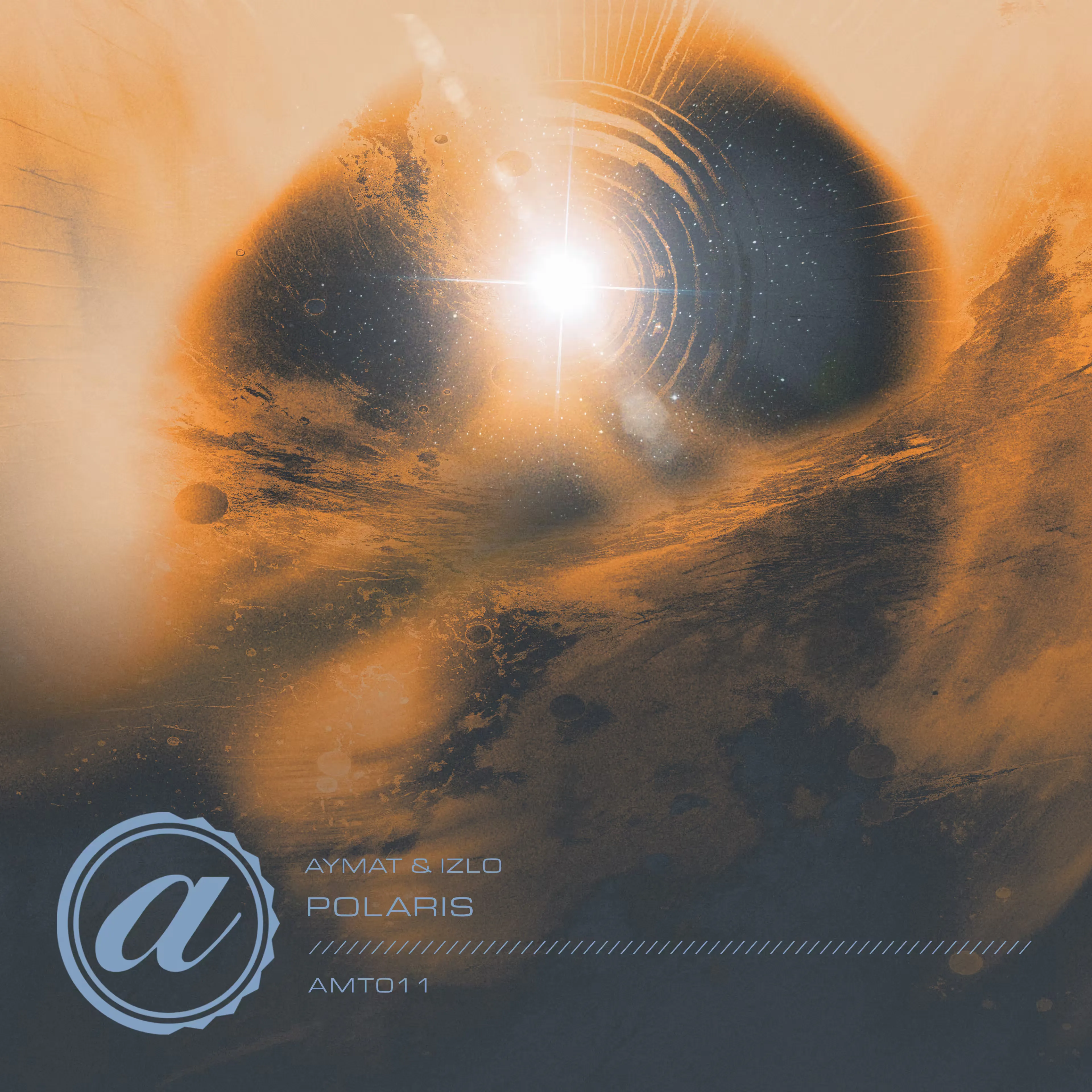 Digital album cover for the Aymat & Izlo "Polaris" single track release, showing text and a stylized logo over abstract artwork featuring a cosmic scene with a radiant star. Swirling patterns in orange and blue create a sense of motion.