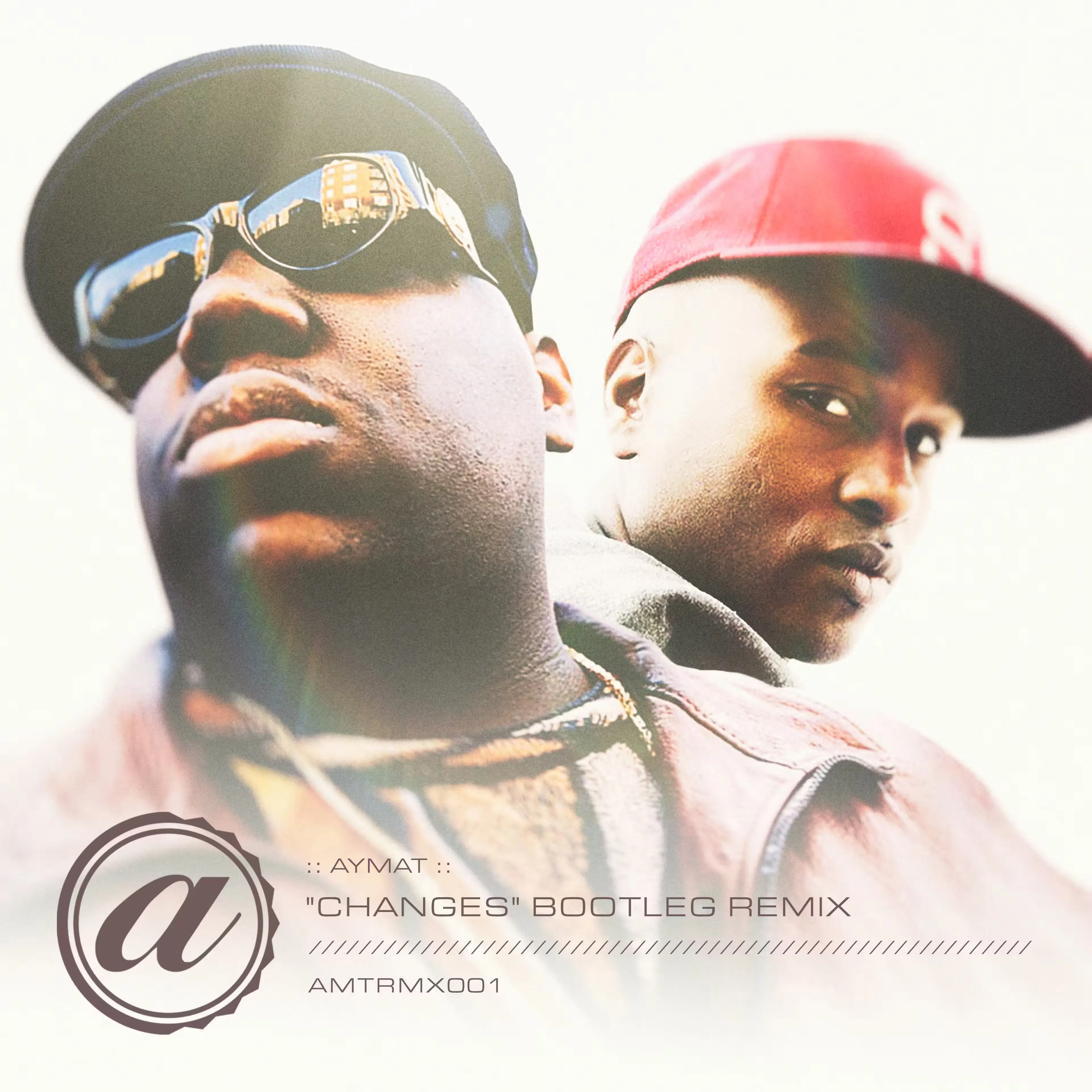 Digital album cover for the Aymat "Changes" bootleg remix release, showing text and a stylized logo over a white backdrop with a close-up of Notorious B.I.G wearing a black hat and sunglasses, and Ahmad Lewis wearing a red cap. The image is styled with a vintage, artistic filter.