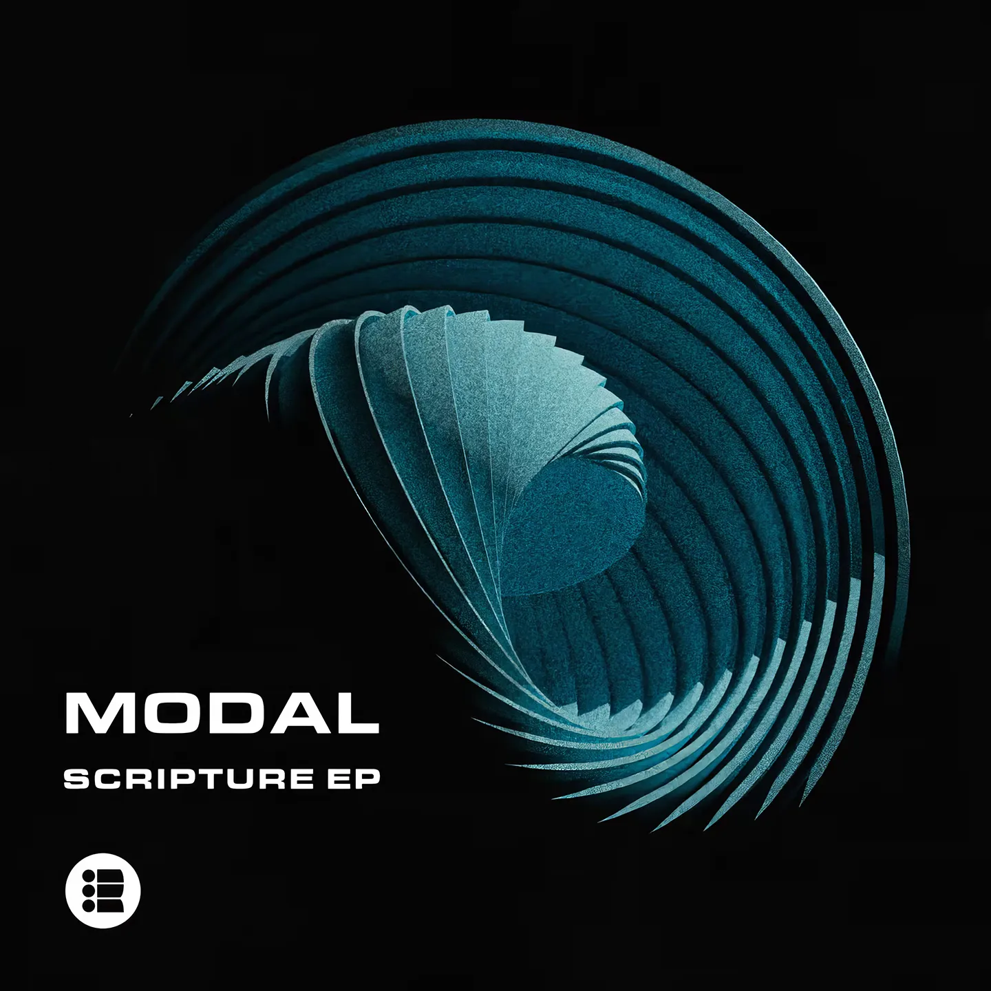 Cover art for "Modal Scripture EP", white text and Repertoire label logo against a black background with layered blue spirals unfolding in the center. Conveys a modern, electronic feel.