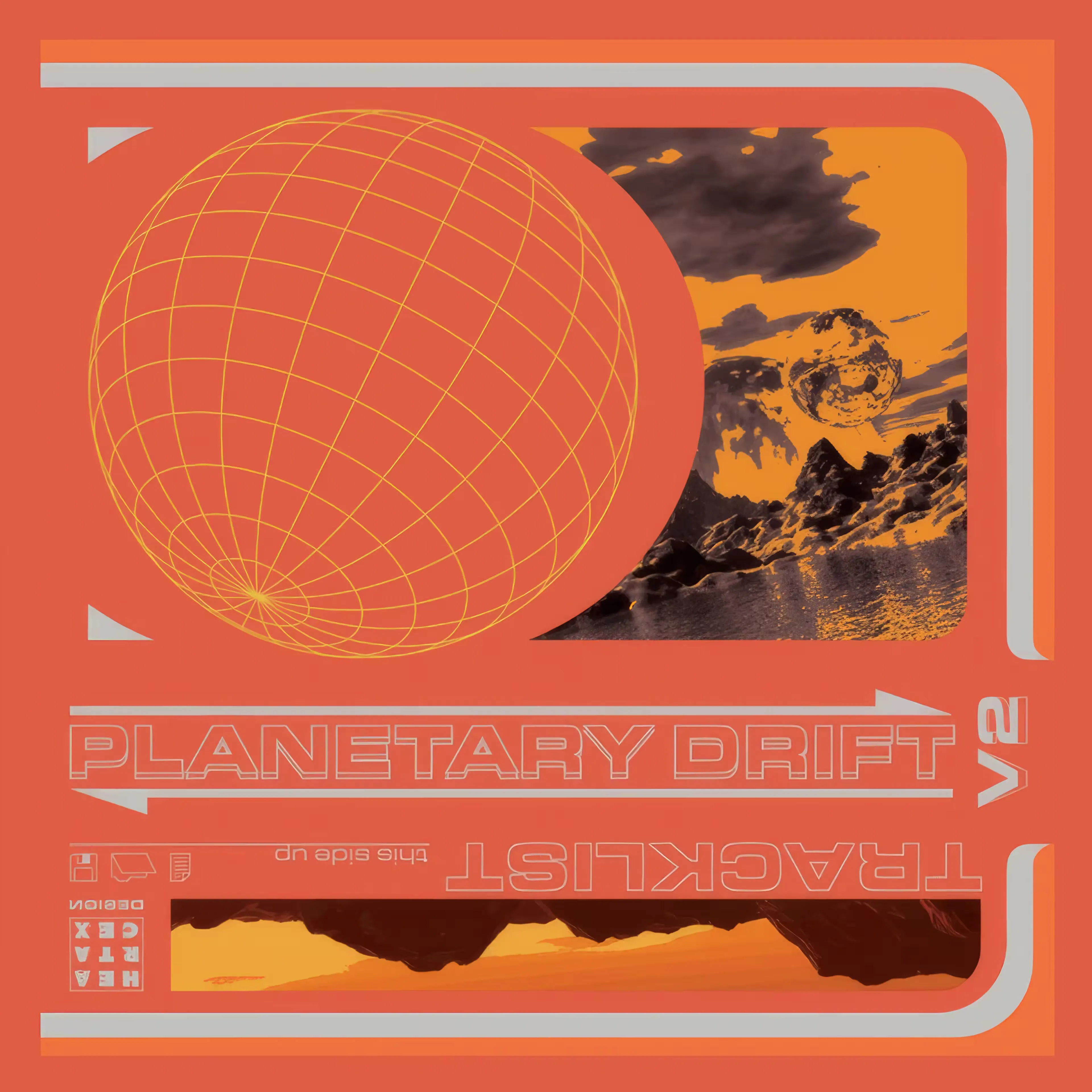 Cover art for the "Planetary Drift V2" compilation released by Arcologies. Futuristic poster with an orange planet grid, rugged landscape, and text. A surreal, sci-fi ambiance is conveyed.