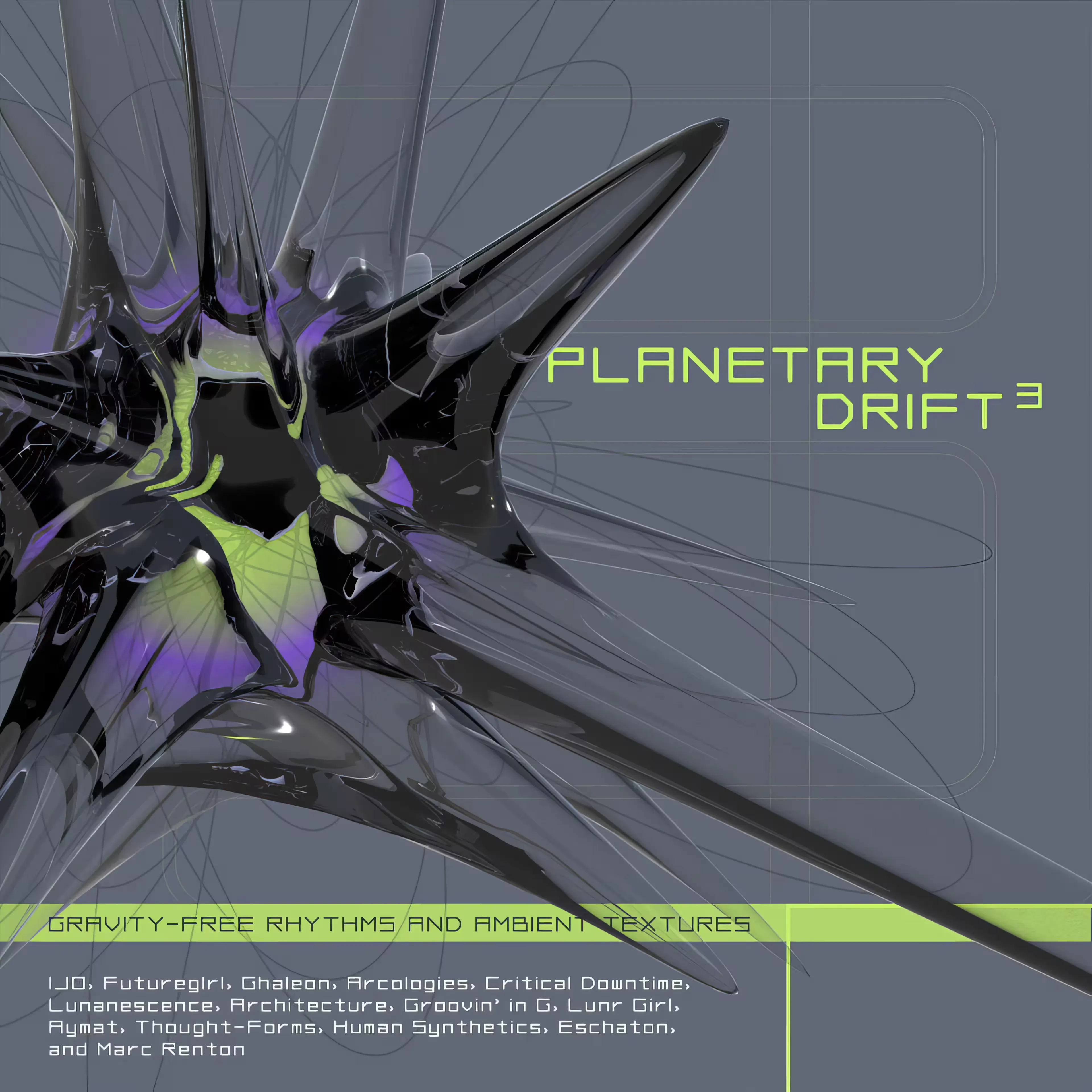 Cover art for the "Planetary Drift V3" compilation released by Arcologies. Abstract 3D spiked structure in black and purple on a gray background. Futuristic and dynamic.