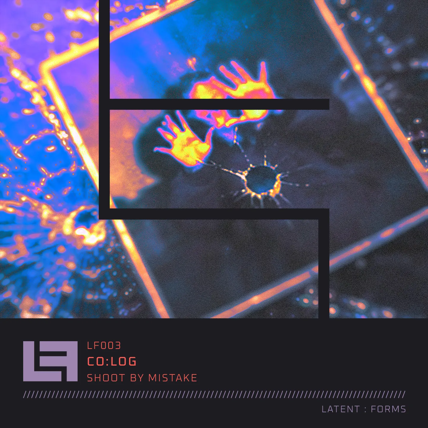 Cover art for CO:LOG "Shoot By Mistake" (LF003) on Latent : Forms. Glowing thermal handprints and a cracked bullet hole on glass, framed by the Latent Forms logo.