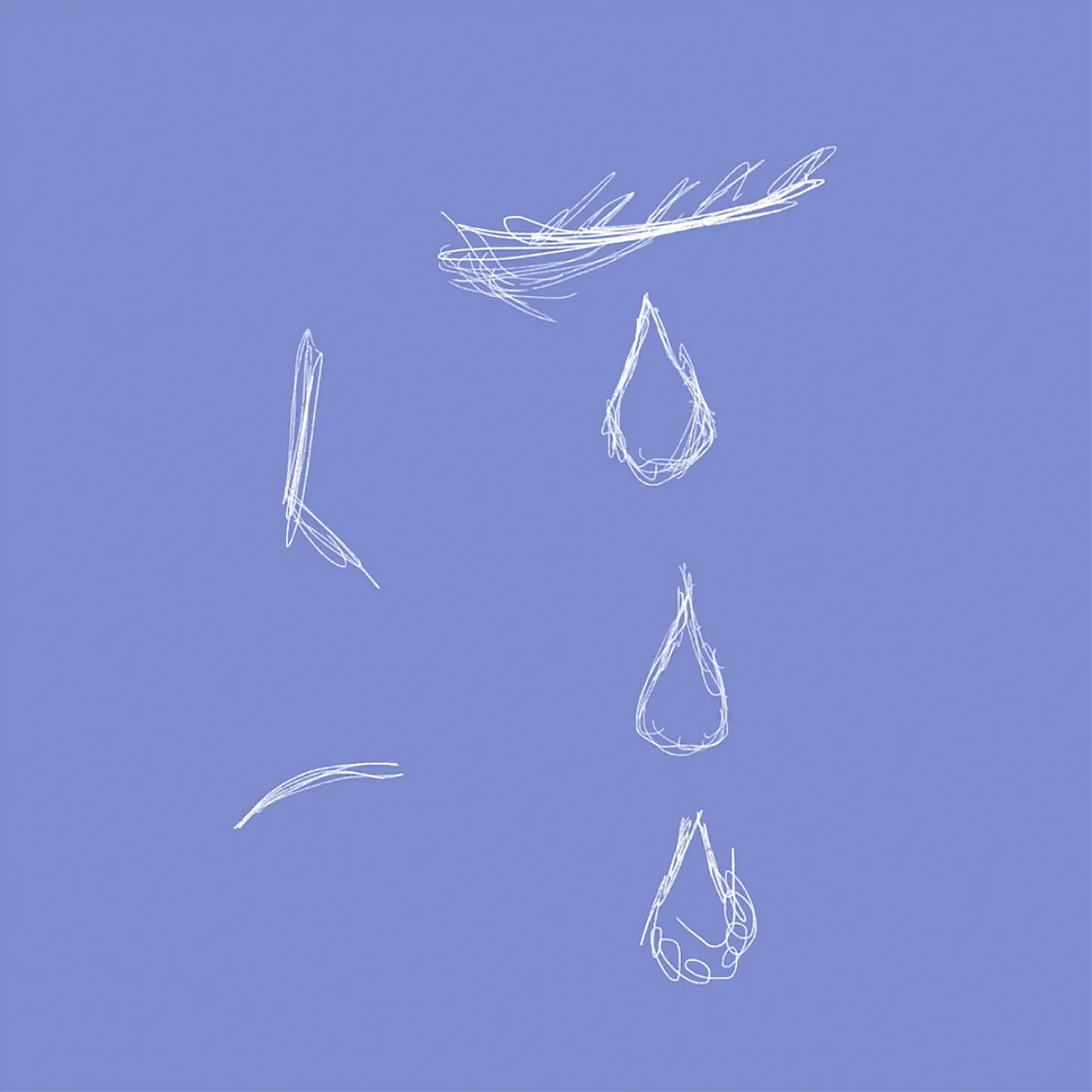 Loose white sketch of a closed eye shedding three tear drops on a soft periwinkle background.