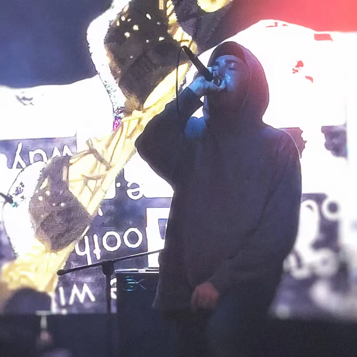 Jay-Lee performs on stage, hood up, singing into a microphone under dramatic blue and red stage lighting.