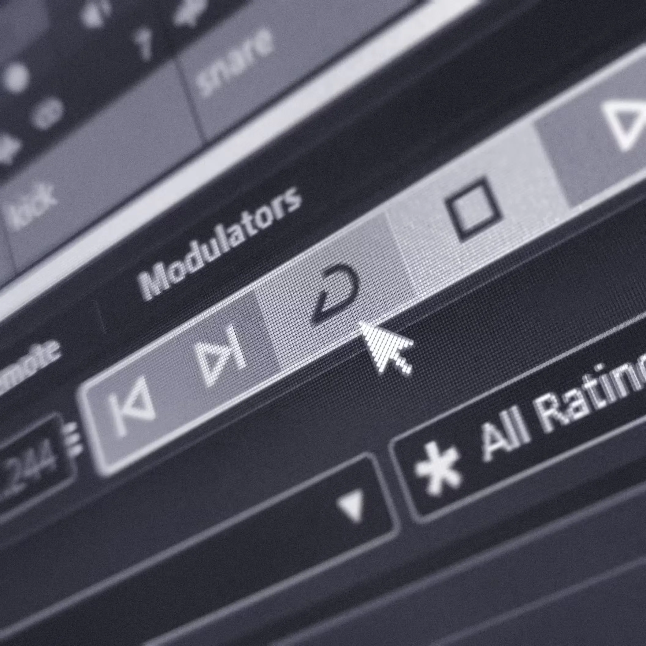 Close-up of a music software interface showing playback controls, a cursor hovering over a loop icon. The grayscale tone conveys a technical atmosphere.