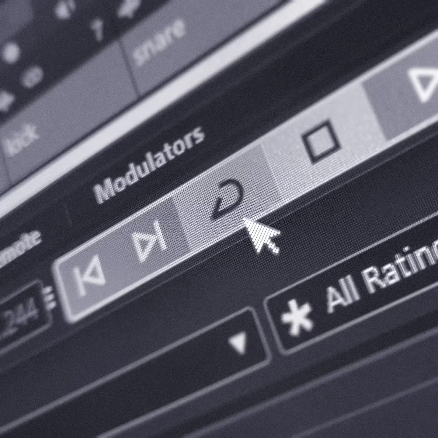 Close-up of a music software interface showing playback controls, a cursor hovering over a loop icon. The grayscale tone conveys a technical atmosphere.