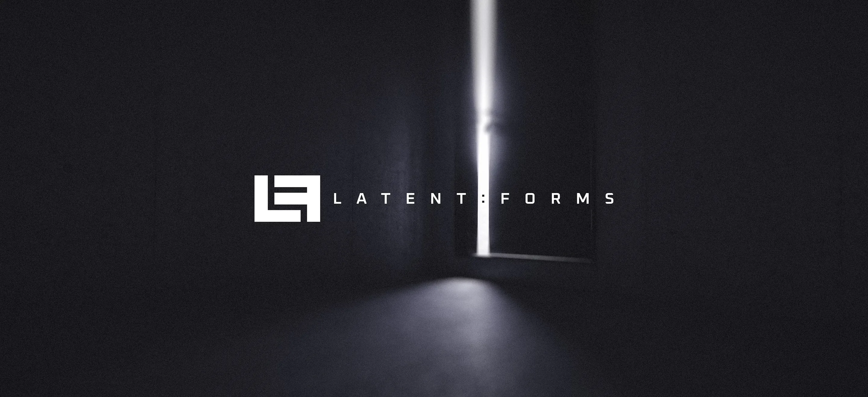 A dimly lit room with a slightly open door letting in a beam of light. The text "LATENT:FORMS", an electronic music label, displays with its geometric logo centered in the image.