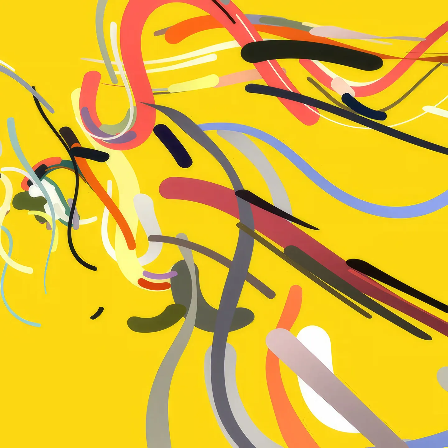 Cover art for "LordX - Uncharted" album featuring abstract artwork with colorful, curved lines and shapes in red, blue, black, and gray against a bright yellow background, conveying energy and movement.