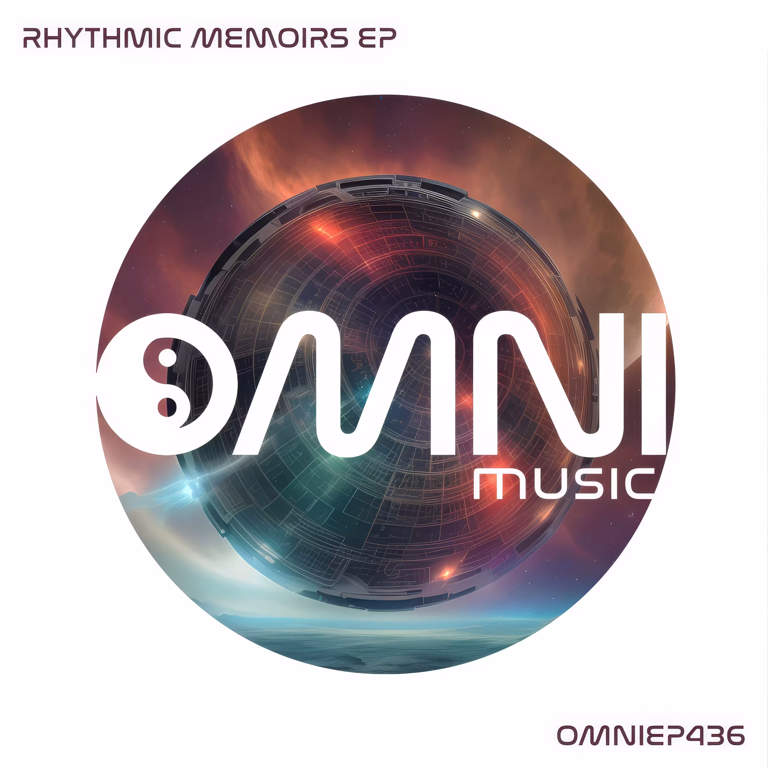 Futuristic album cover for "Rhythmic Memoirs EP" by Omni Music. Features a glowing, spherical cityscape in space with cosmic hues.