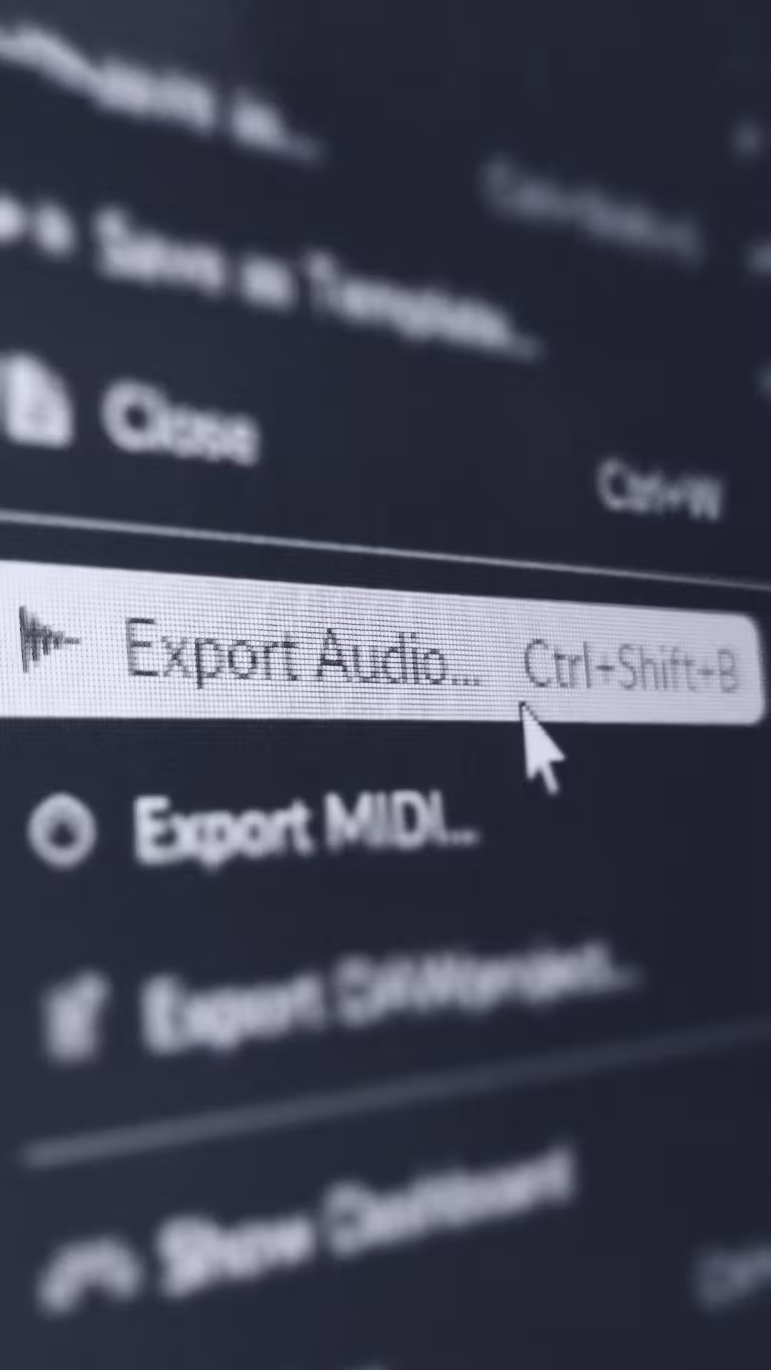 A computer screen displays a menu with "Export Audio" highlighted, accompanied by the shortcut "Ctrl+Shift+B." A cursor hovers over it, indicating an action.