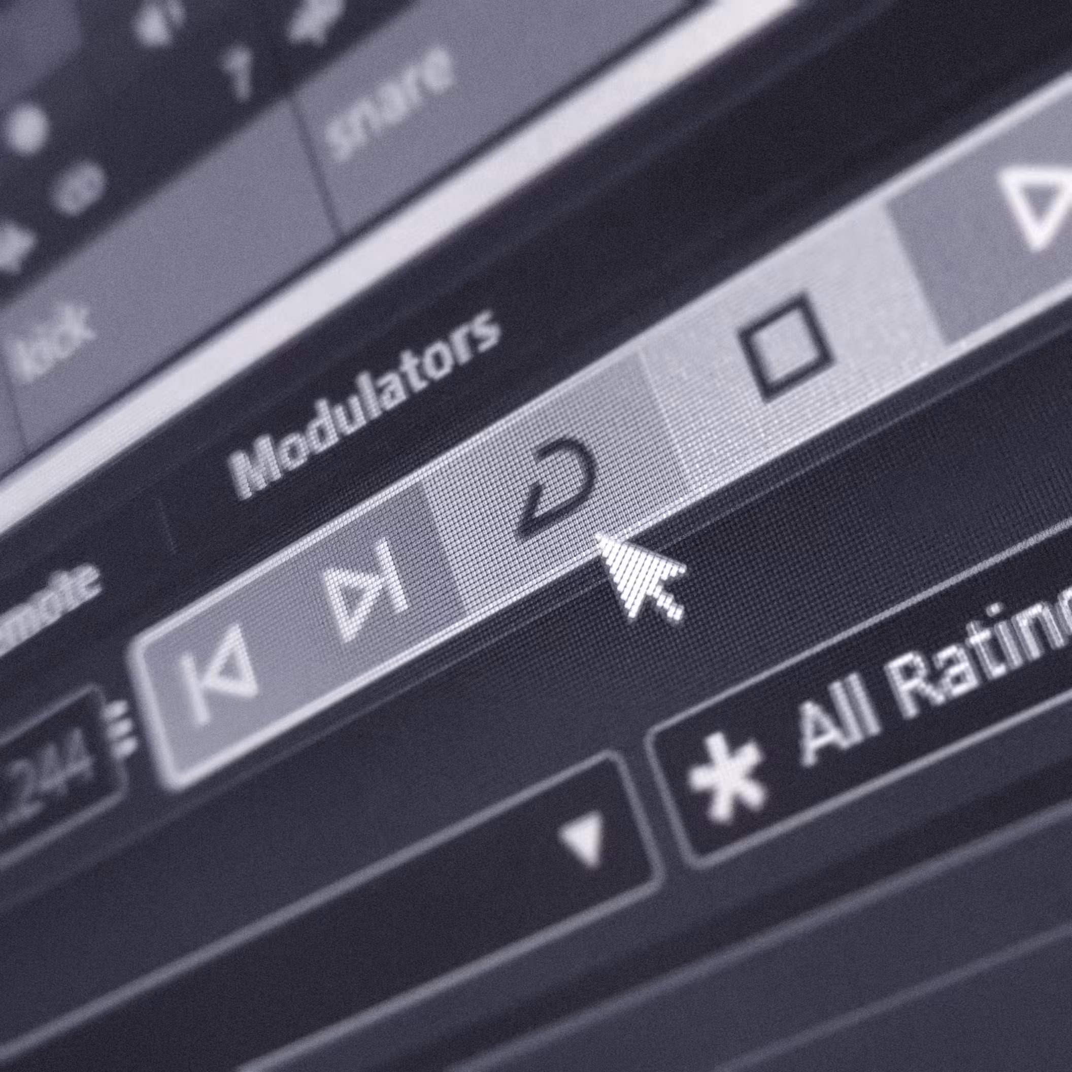 Close-up of a music software interface showing playback controls, a cursor hovering over a loop icon. The grayscale tone conveys a technical atmosphere.