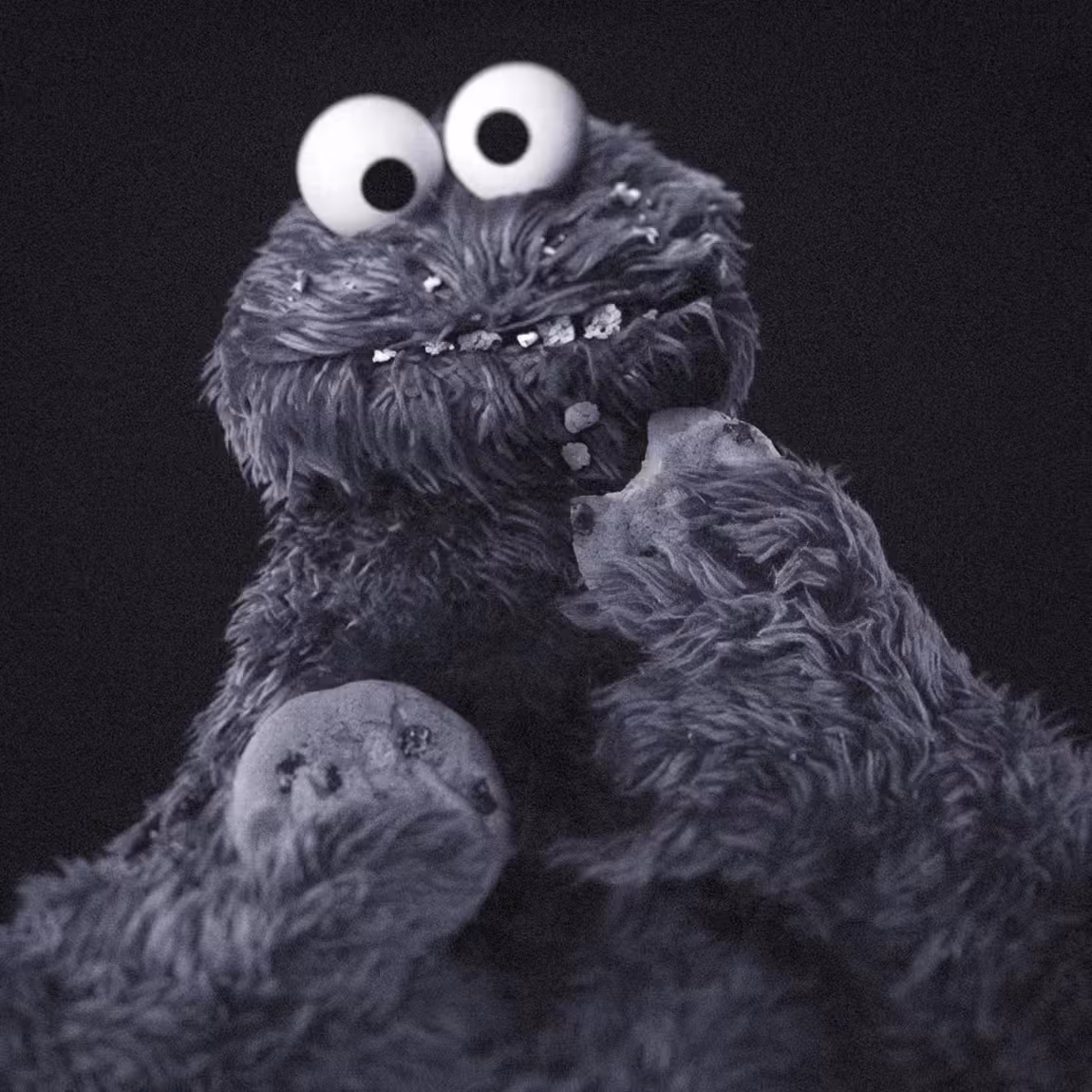 Furry monster puppet with wide eyes and a disappointed expression, holding a partially eaten cookie.