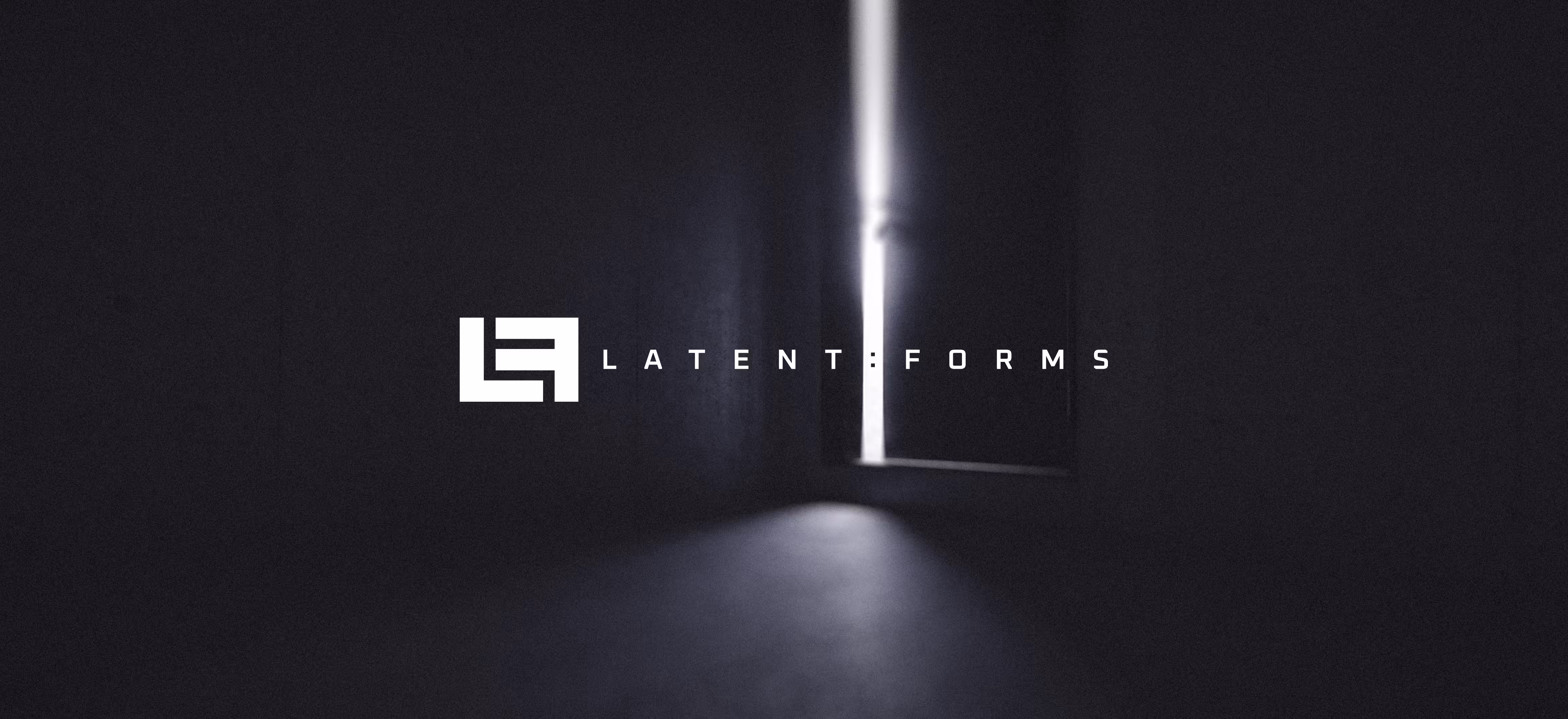 A dimly lit room with a slightly open door letting in a beam of light. The text "LATENT:FORMS", an electronic music label, displays with its geometric logo centered in the image.
